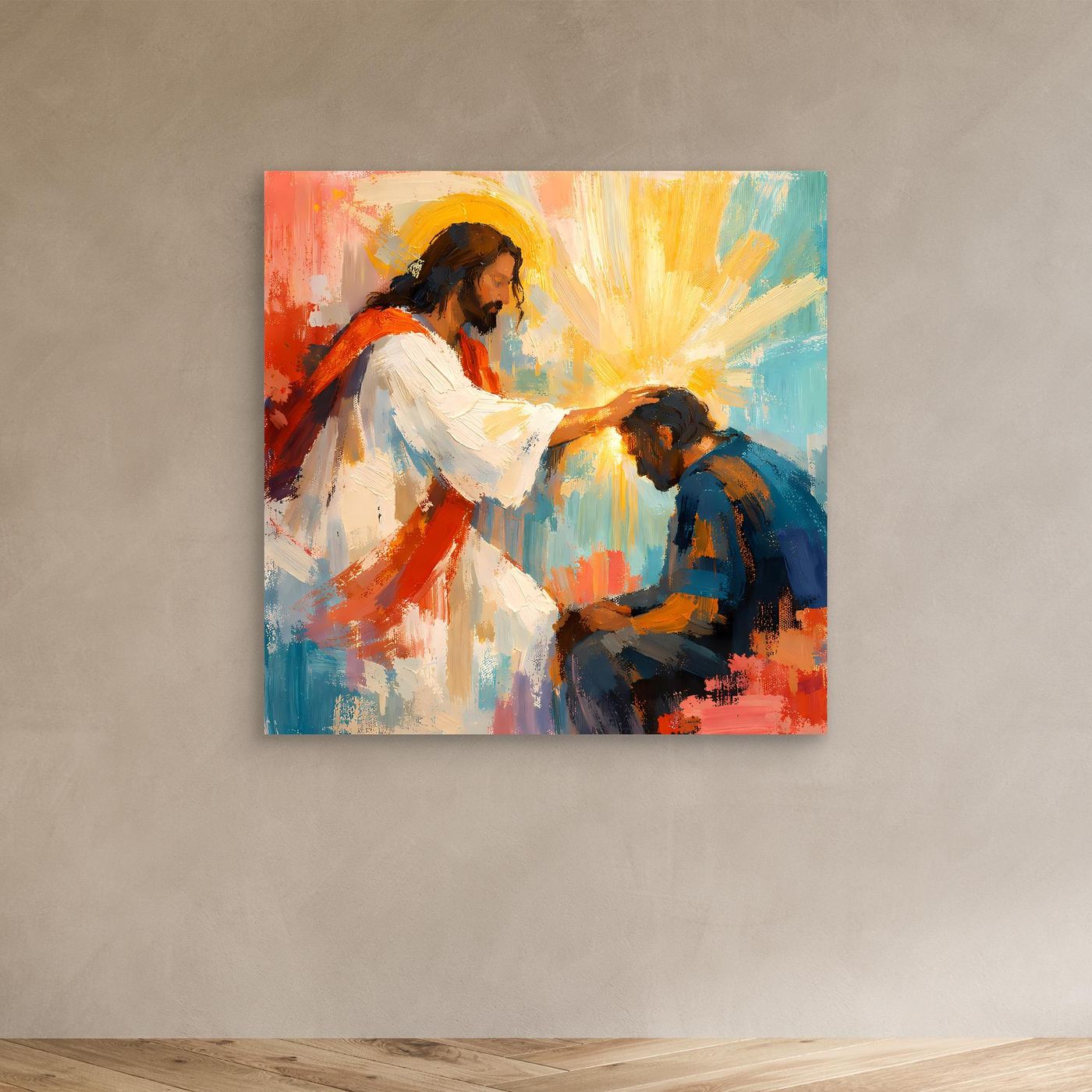Unframed canvas wall art showing Jesus blessing a man in colorful brushstrokes
