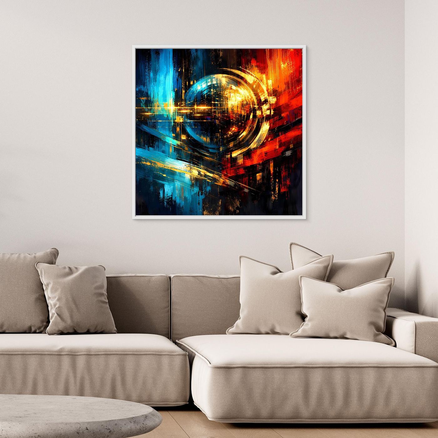 Quadratisches Leinwandbild mit dynamischen Pinselstrichen in Blau, Rot und Gold, mit Lichtkreis
