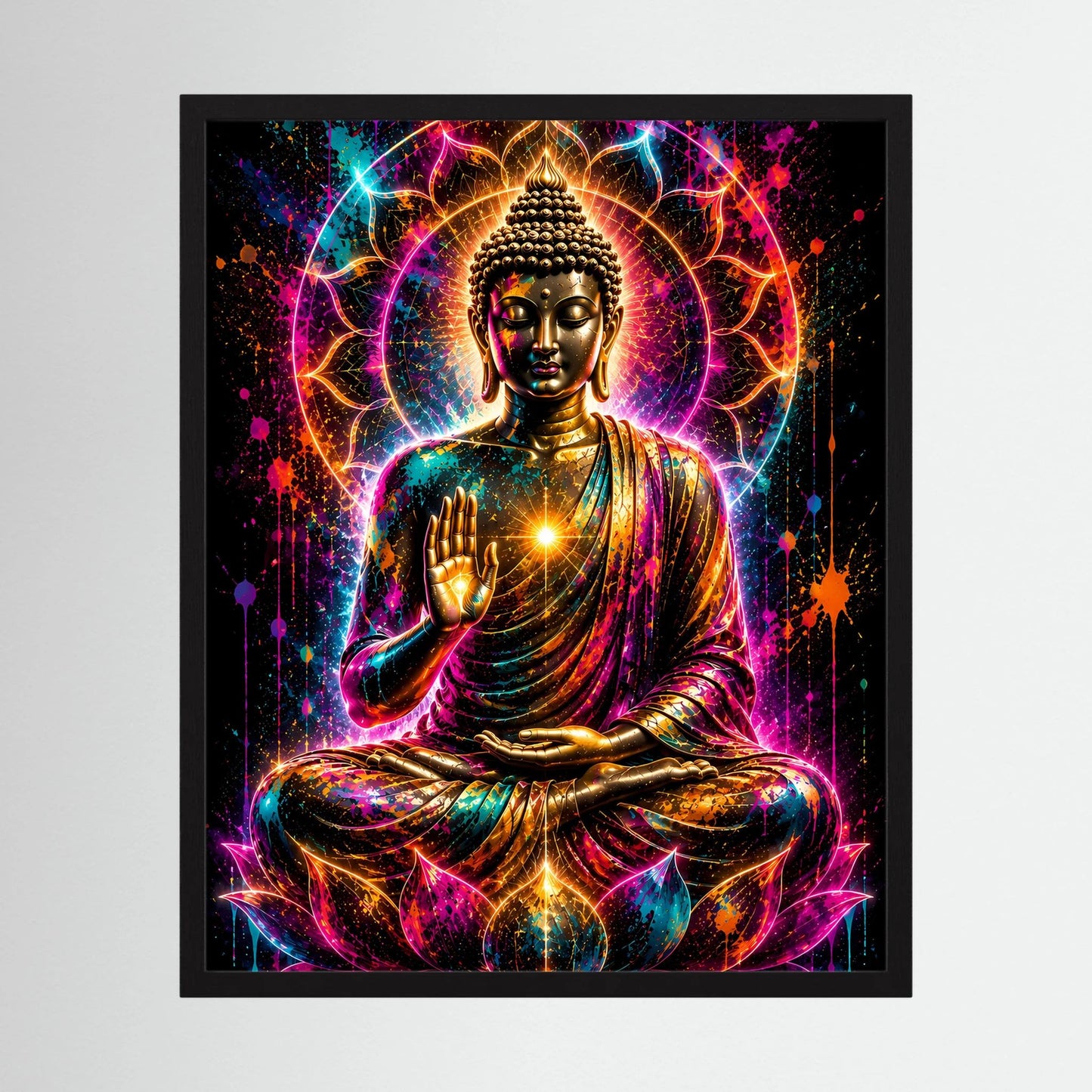 Neon-Buddha-Poster im Hochformat mit schwarzem Rahmen, Buddha im Lotussitz, leuchtende Aura