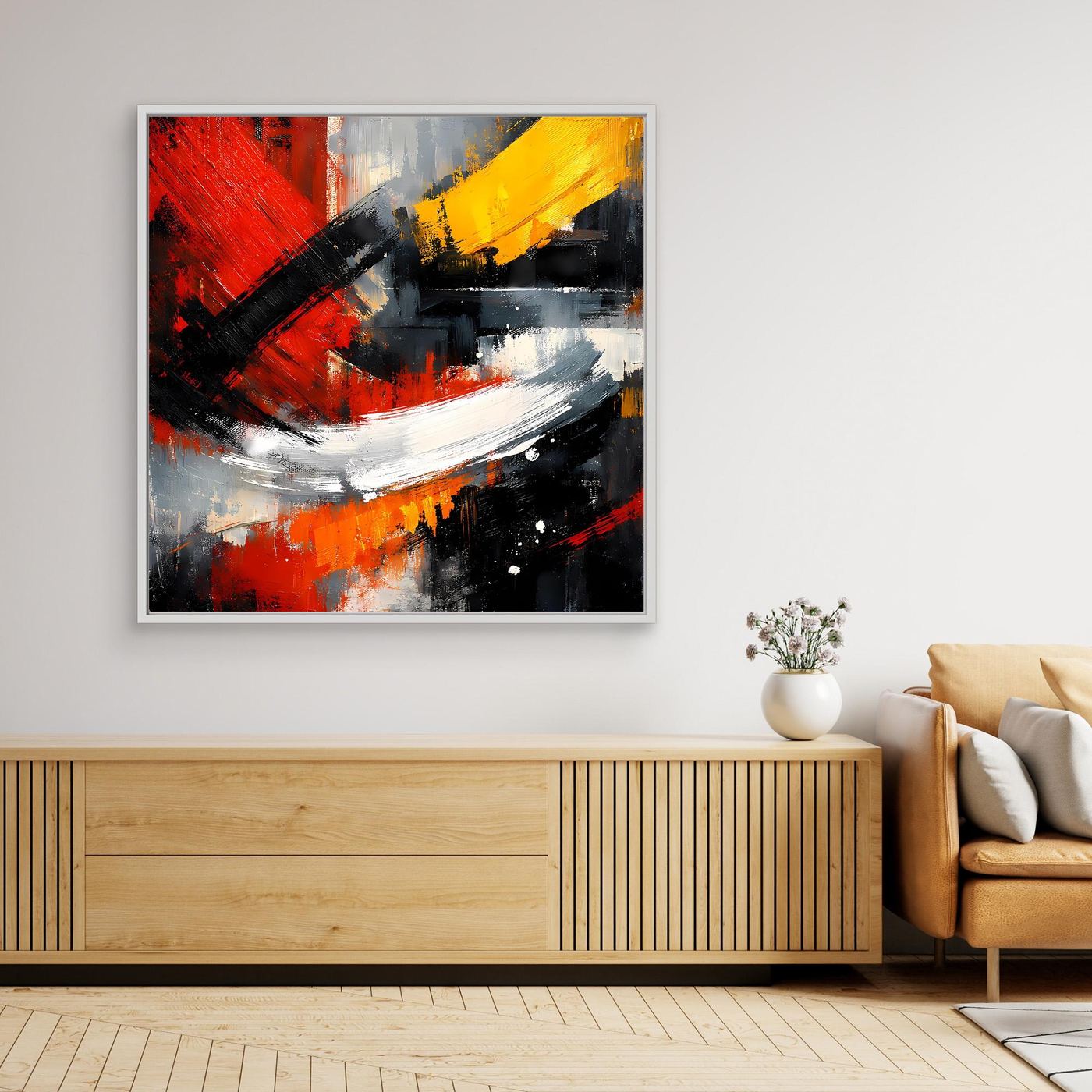 Quadratisches Leinwand-Wandbild im schwarzen Rahmen, abstrakt in Rot, Gelb und Schwarz