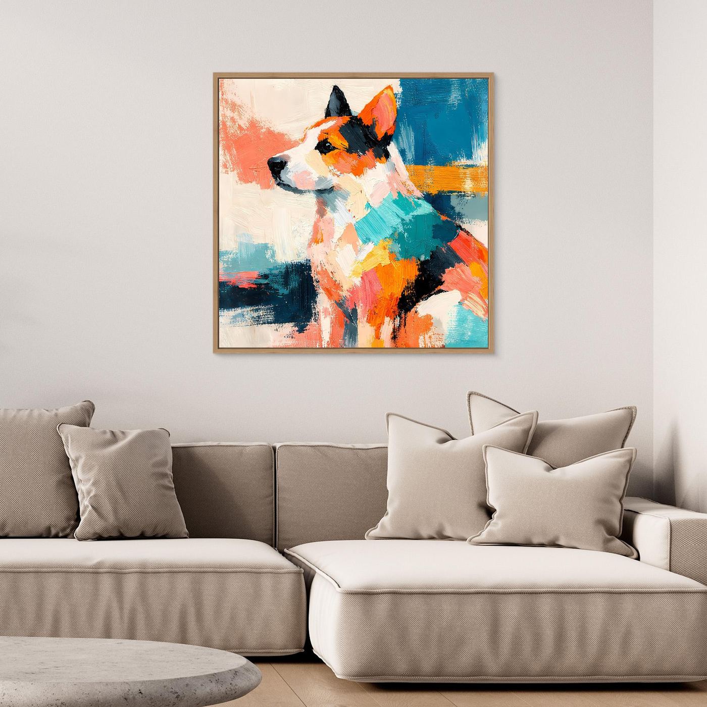 Leinwand-Wandbild mit abstraktem Hund im Pop-Art-Stil, farbige Pinselstriche, Holzrahmen
