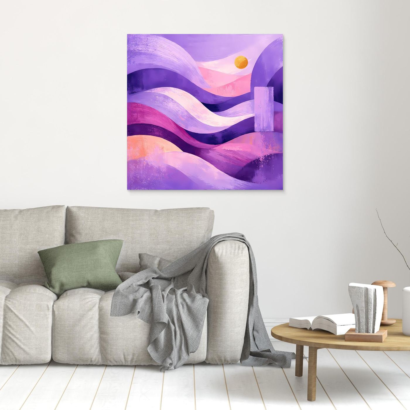 Leinwand-Wandbild mit abstrakten Dünenwellen in Lila und Pink, kleiner Gelbmond, ohne Rahmen