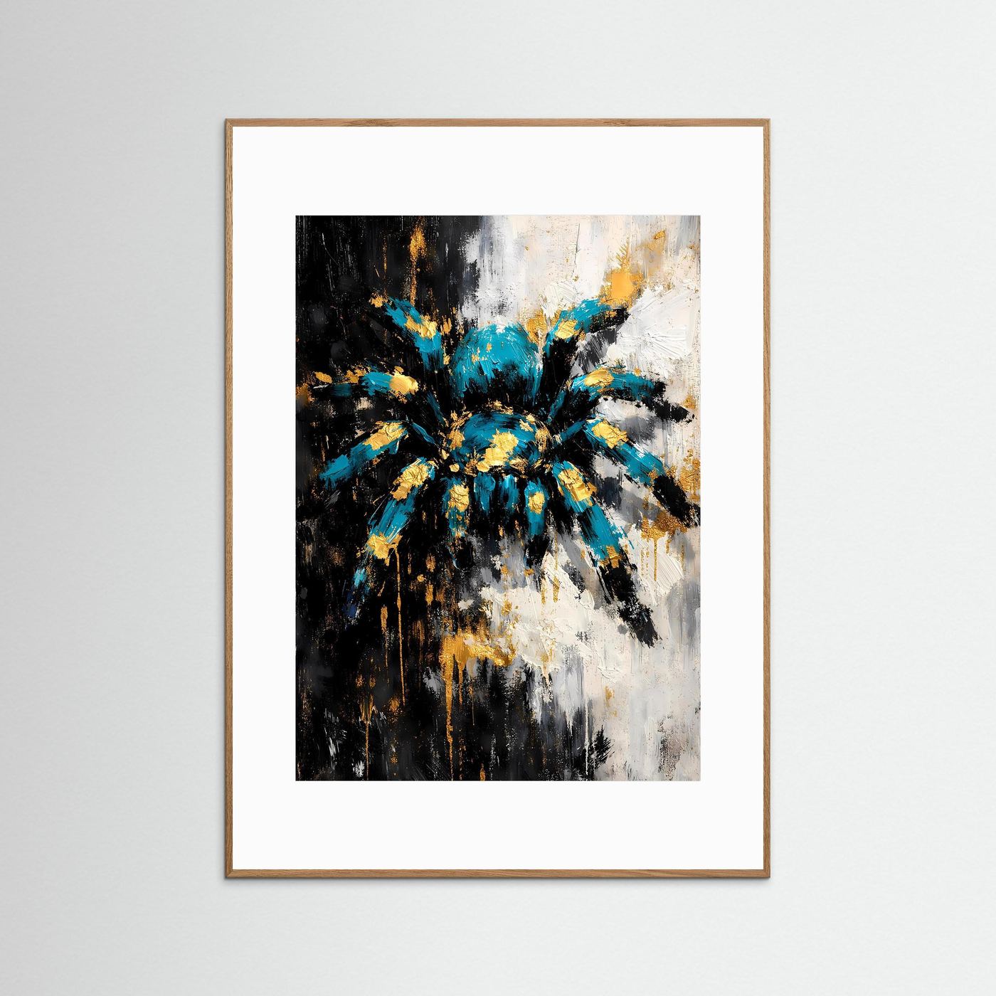 Abstraktes Kunstposter: türkis-blaue Spritzer, goldene Akzente im Radialmuster, brauner Holzrahmen
