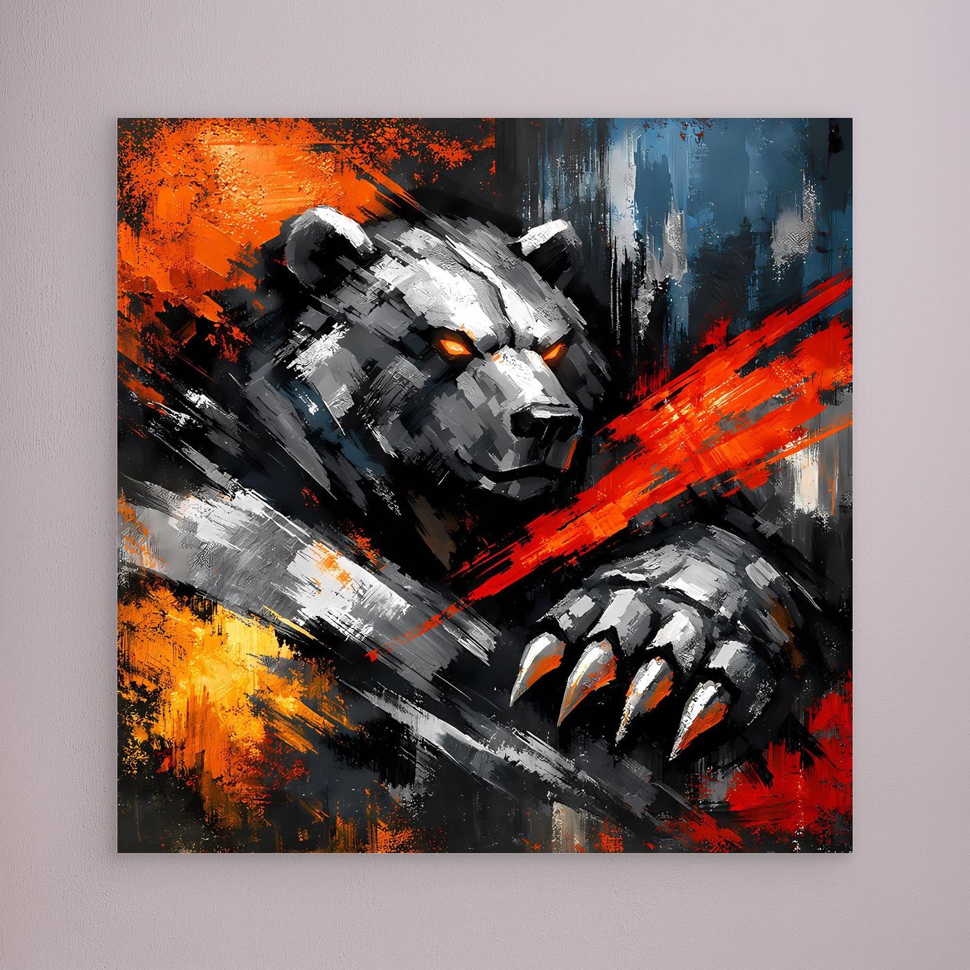 Leinwand-Wandbild mit abstraktem Kampfbär und Krallen in Orange, Blau und Schwarz