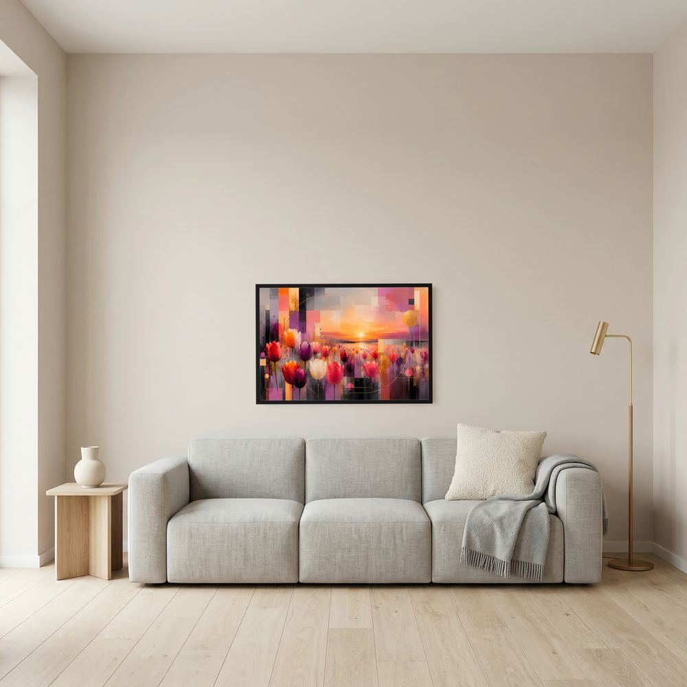 Querformat-Poster mit abstrakten Tulpen und Sonnenuntergang, schwarz gerahmtes Motiv