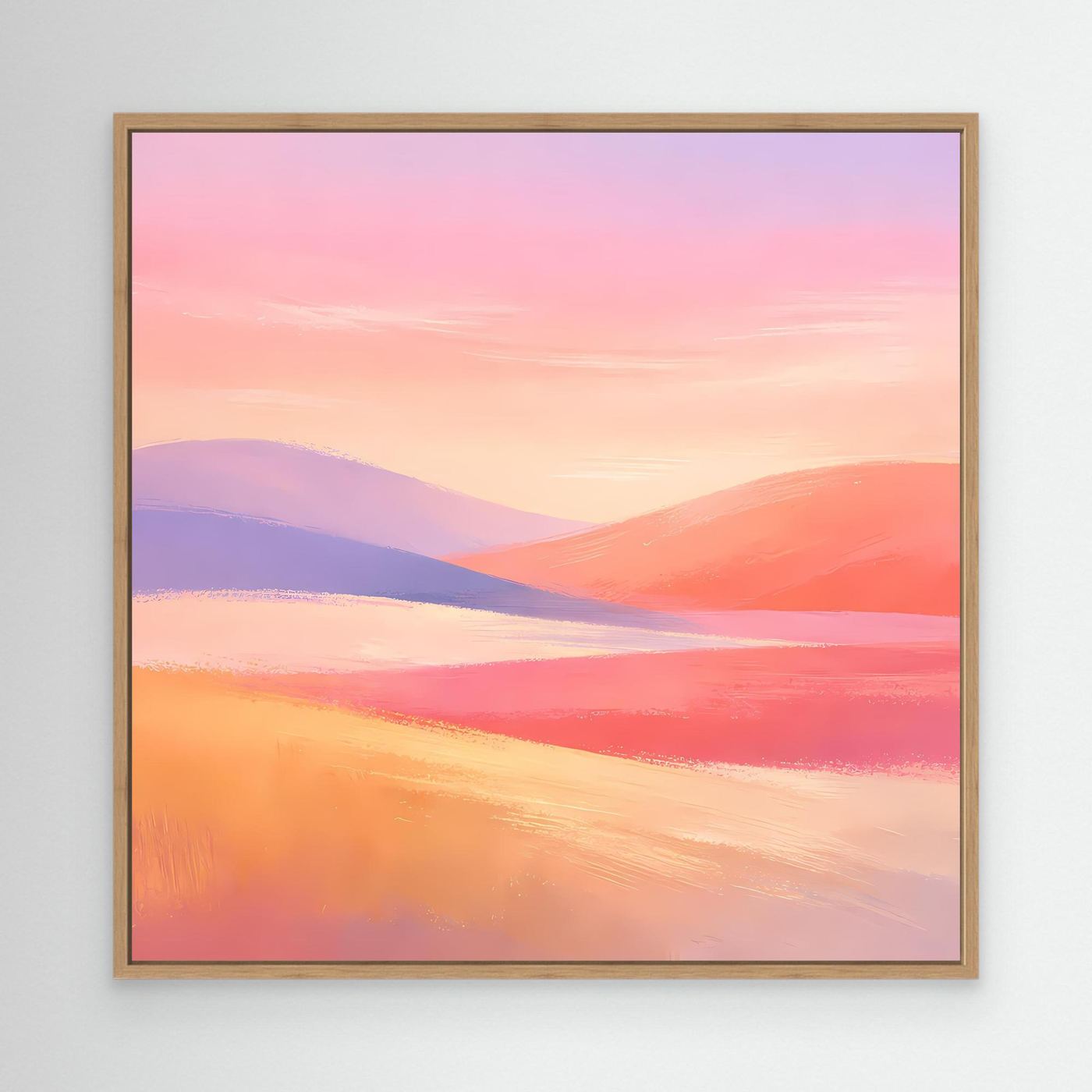 Leinwandbild mit abstrakter Hügellandschaft in Pastellfarben in Eichenrahmen: Rosa, Lila, Orange.