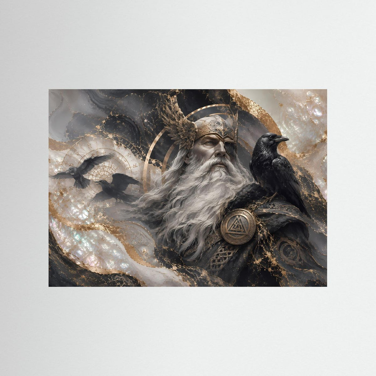 Querformat-Poster Odin mit Raben, silberner Bart, goldene Details im Kunststil
