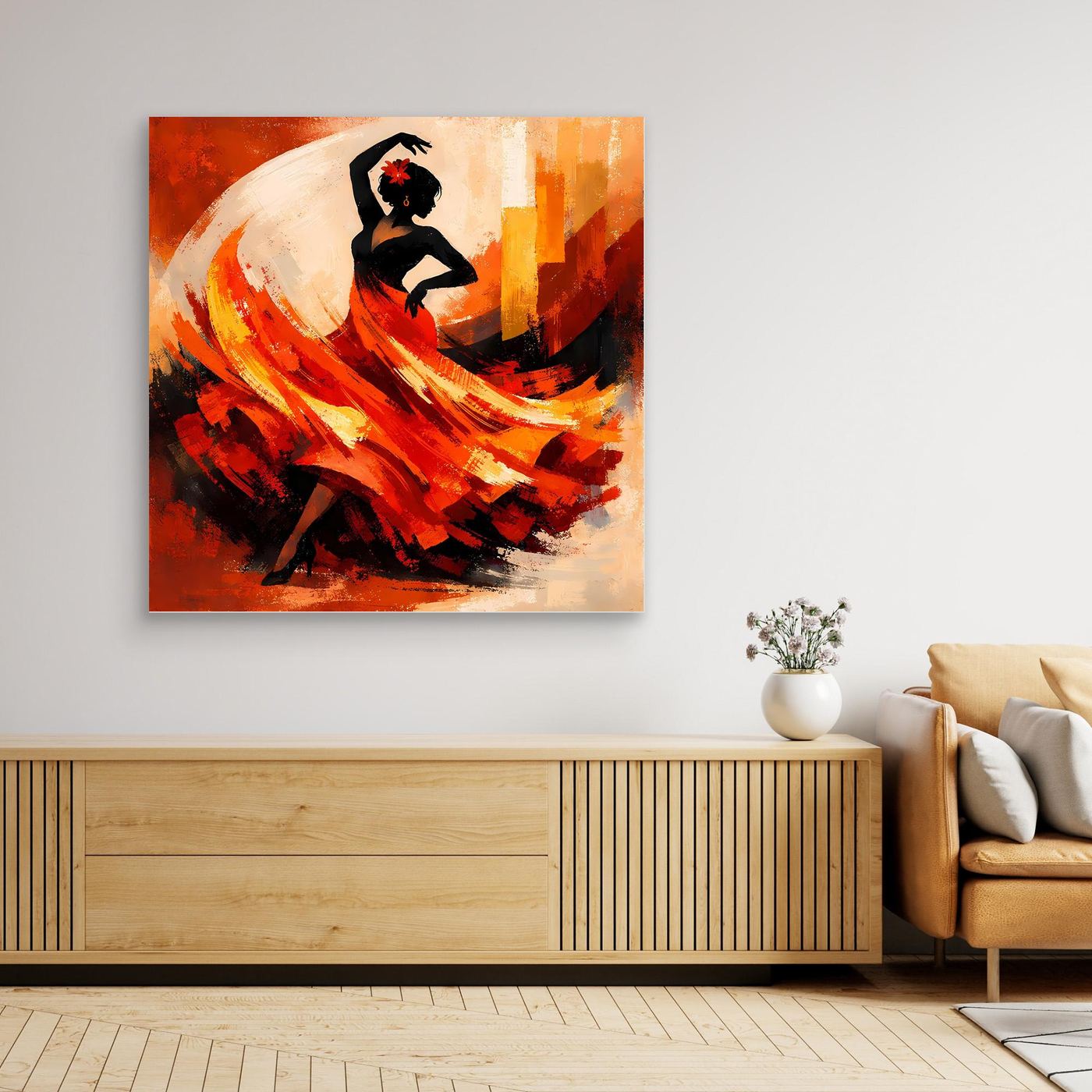 Quadratisches Leinwandbild der Flamenco-Tänzerin in Schwarz mit Rot-Orange Farbflächen
