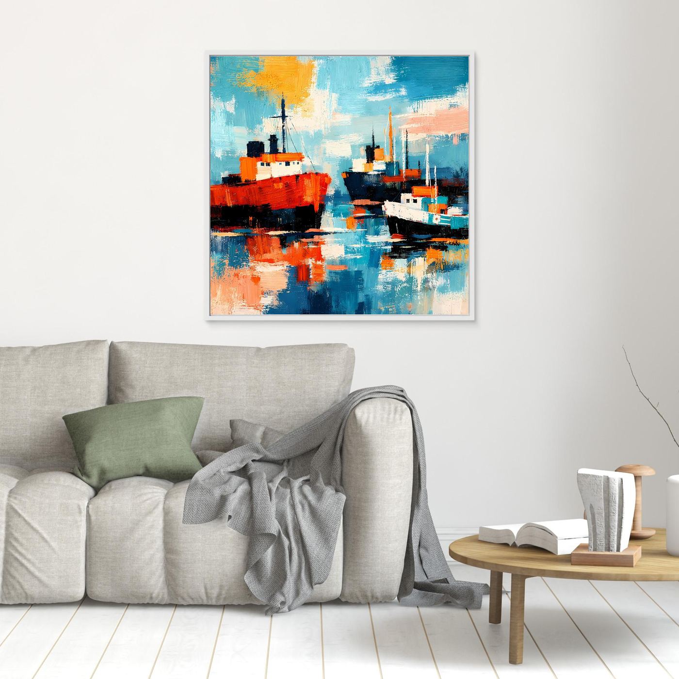 Leinwand-Wandbild mit abstrakten Schiffen im Hafen, weiß gerahmt, quadratisch