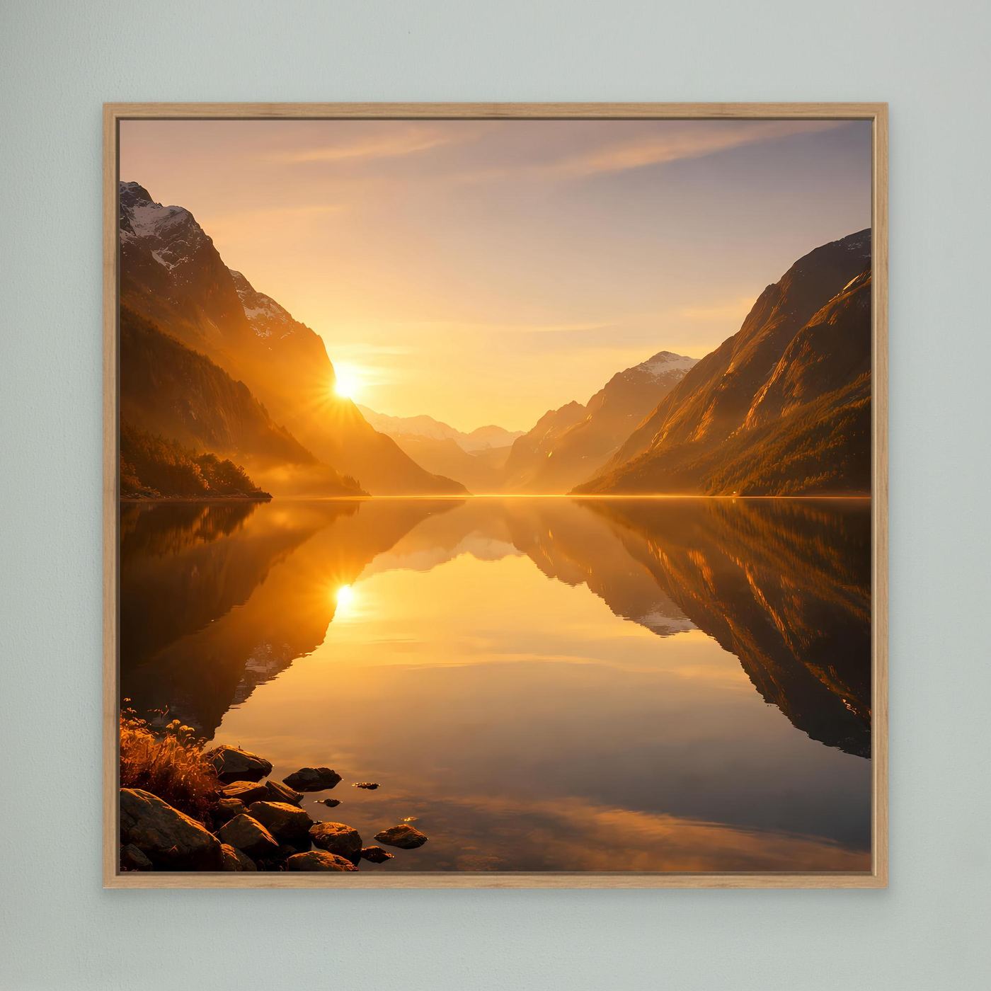 Leinwandbild im Eichenrahmen mit goldenem Fjord, Bergen und Sonnenaufgang im See