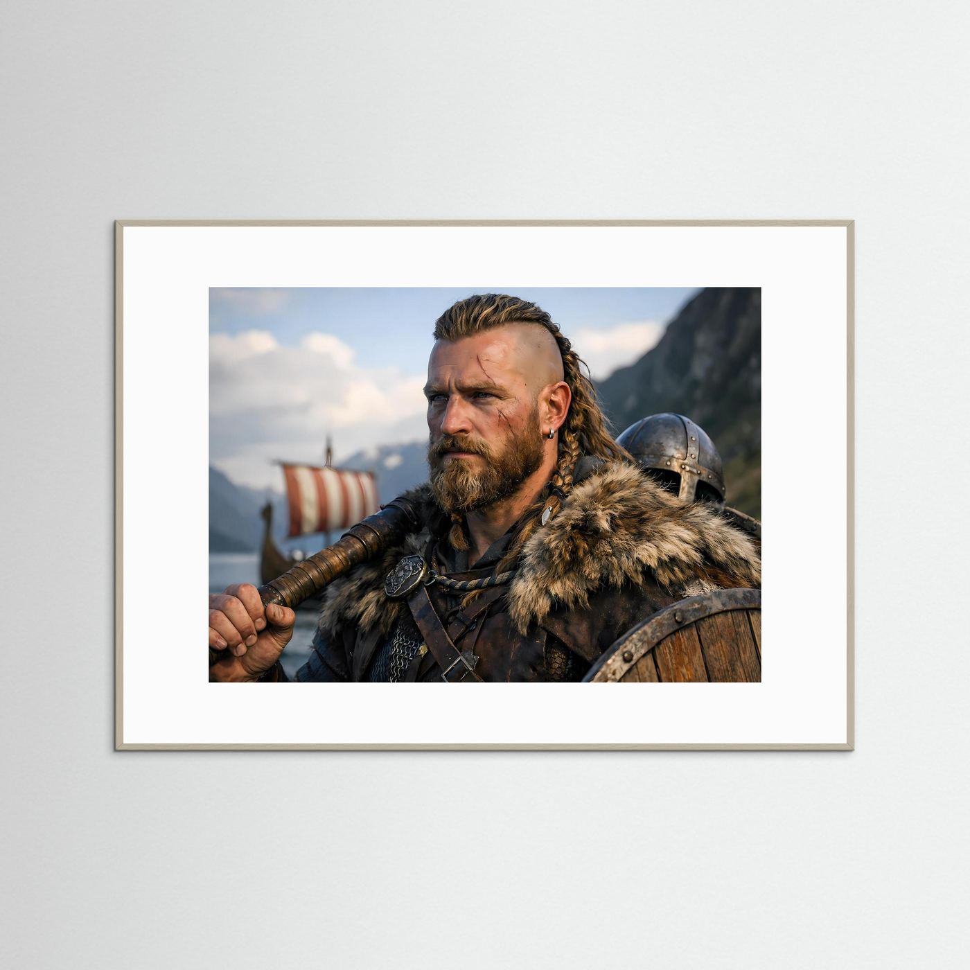 Wikinger-Krieger Poster mit Eichenrahmen, Querformat