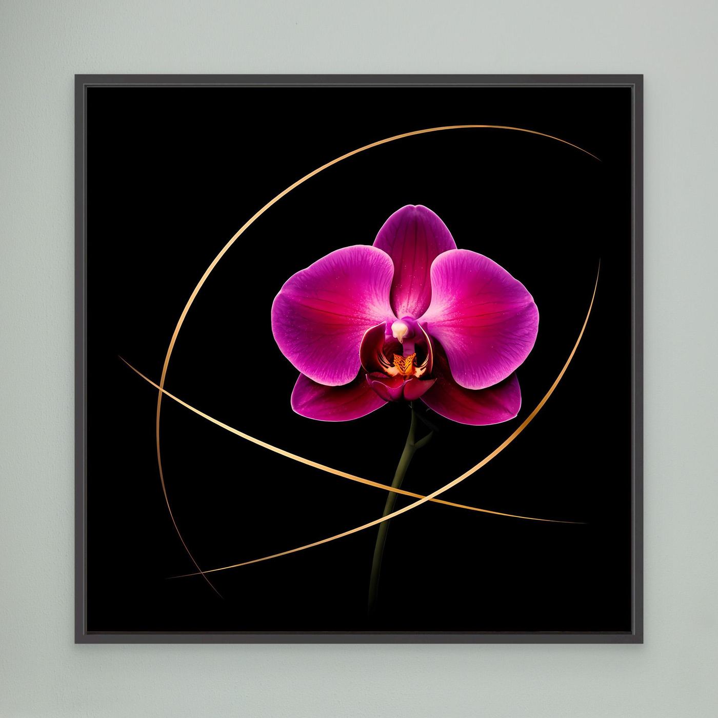 Quadratisches Leinwandbild mit magenta Orchidee und goldenen Linien, schwarzer Rahmen