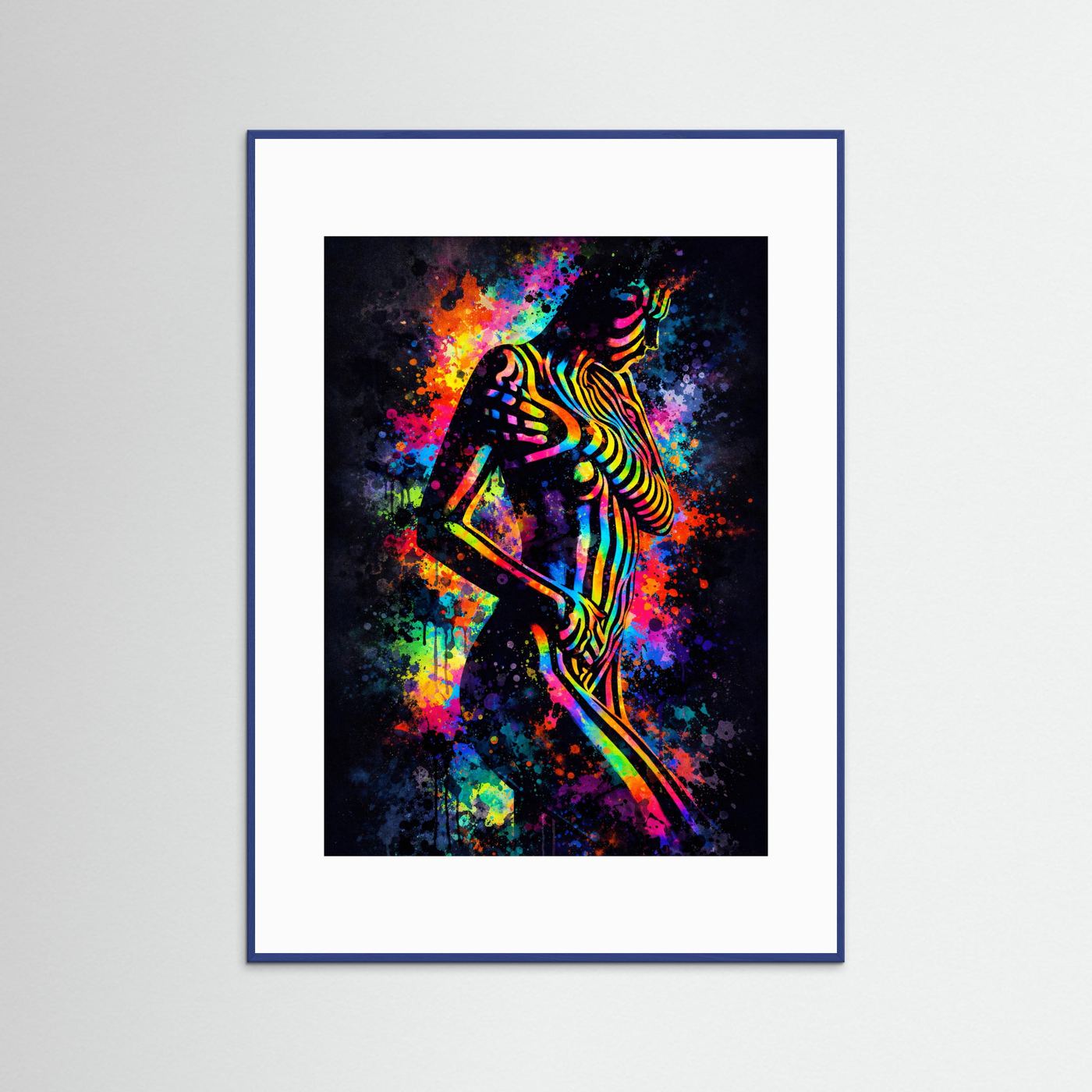 Kunstposter mit Neon-Frauen-Silhouette und Farb-Spritzgrafik im blauen Holzrahmen