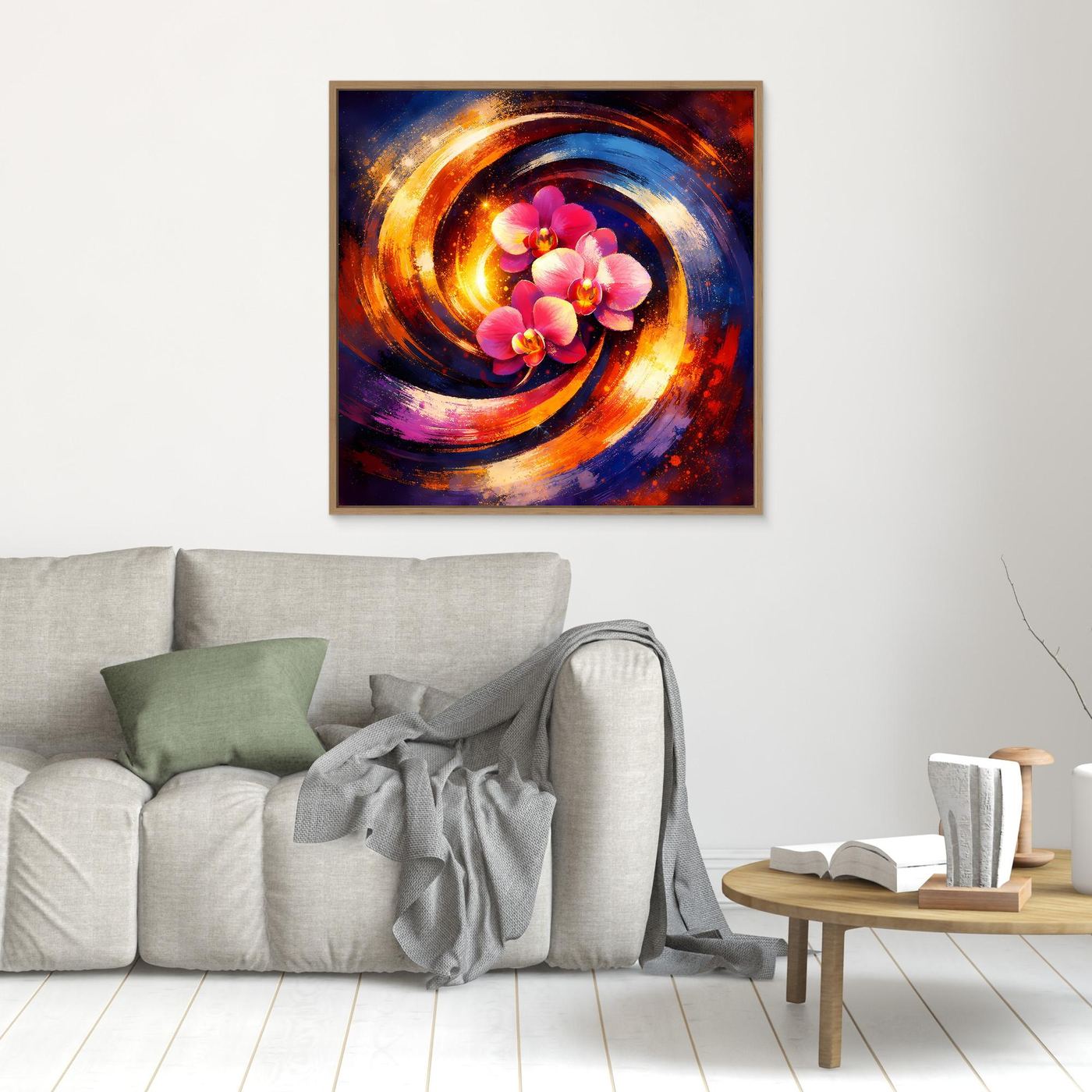 Abstraktes Leinwandbild mit pinken Orchideen und bunten Spiralen, braun gerahmt