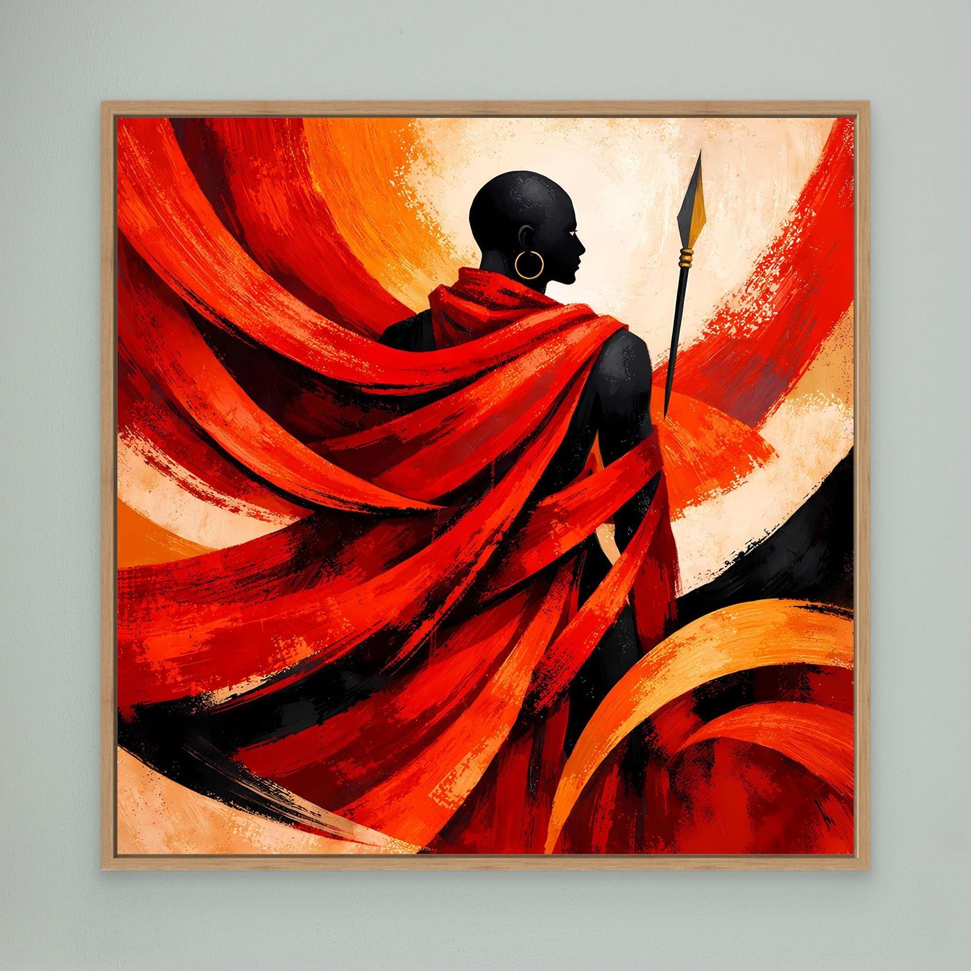 Leinwand-Wandbild mit Krieger-Silhouette und Speer, rotes Gewand im Holzrahmen