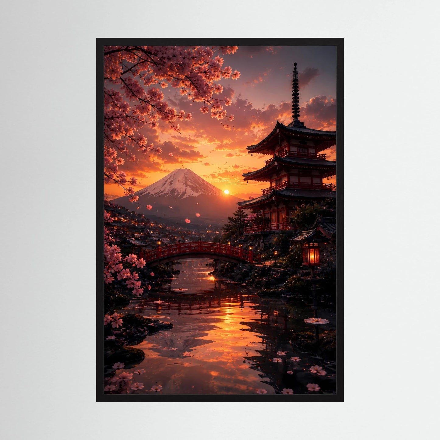 Hochformatiges Poster mit schwarzem Rahmen, japanischer Tempel bei Sonnenuntergang