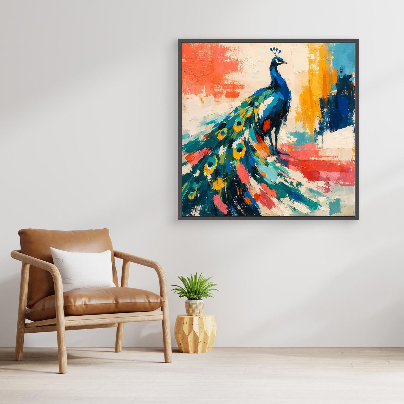 Framed abstract peacock wall art canvas, blue peacock with orange, teal, and red blocks
