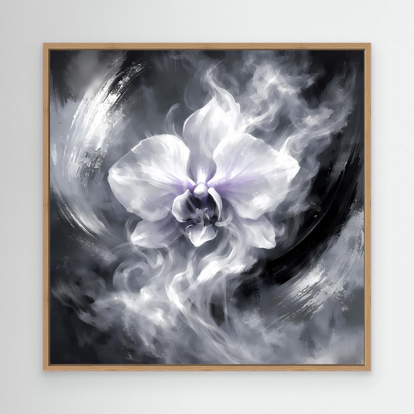 Quadratisches Leinwandbild Orchidee, abstrakt in Schwarzweiß, im Eichenrahmen