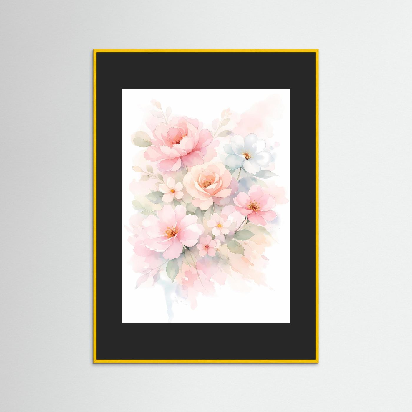 Wandbild mit Aquarell-Blumenstrauß in Pastellrosa, Pfirsich und Hellgrün, schwarzer Rahmen