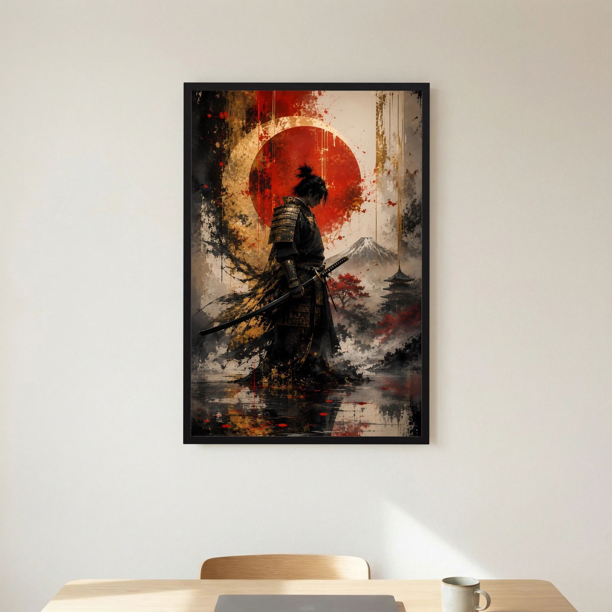 Gerahmtes Samurai-Kunstposter im Hochformat: dunkler Krieger mit Katana und roter Sonne.