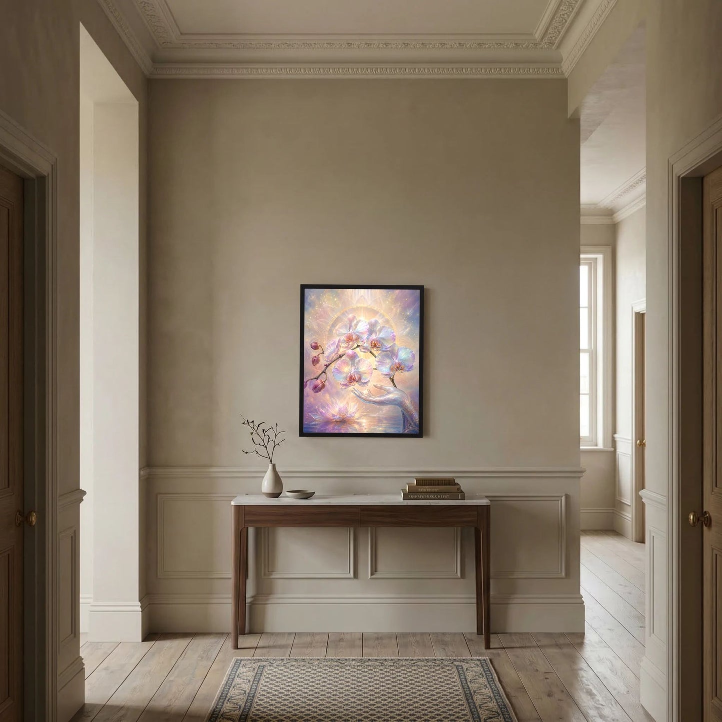 Gerahmtes Kunstposter im Hochformat mit Pastell-Orchideen, Lotus und goldener Lichthalo