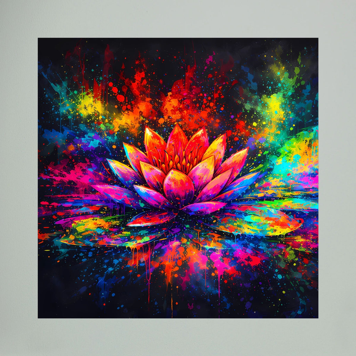 Abstraktes Lotus-Leinwandbild auf Keilrahmen mit bunten Farbspritzern, quadratisch.