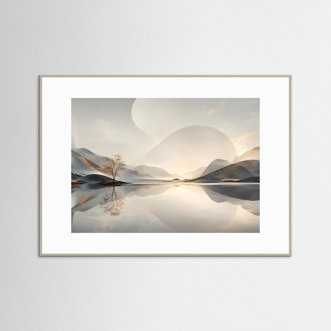 Minimalistische Berglandschaft Poster | Abstrakte Natur Landschaft Wandbild | Spiegelnder See | Modernes Panorama | Premium Leinwand Wall Art