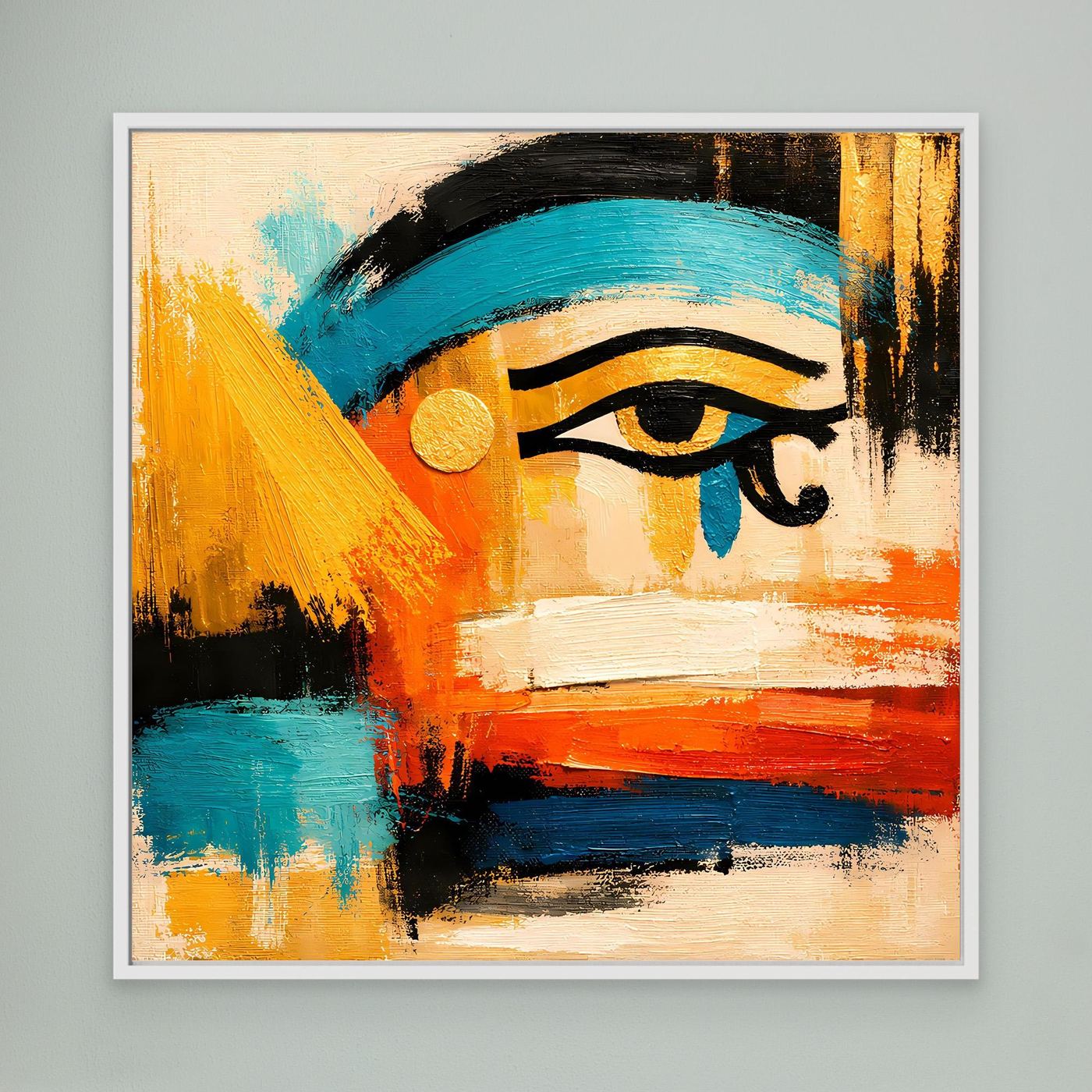 Abstract eye wall art with turquoise, orange, and gold accents, white frame
