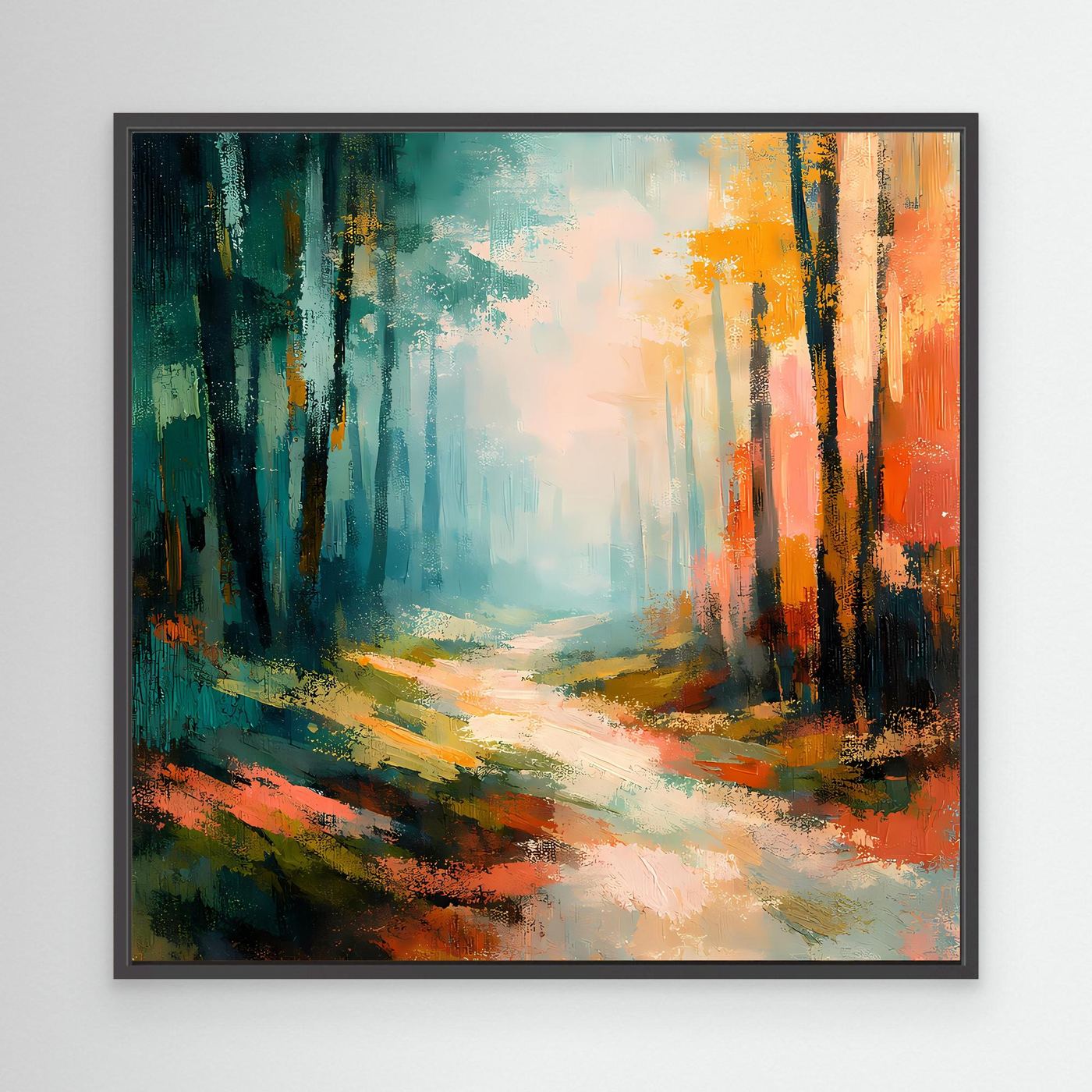 Abstraktes Leinwand-Wandbild Waldweg in Blau-Grün und Orange, mit schwarzem Rahmen