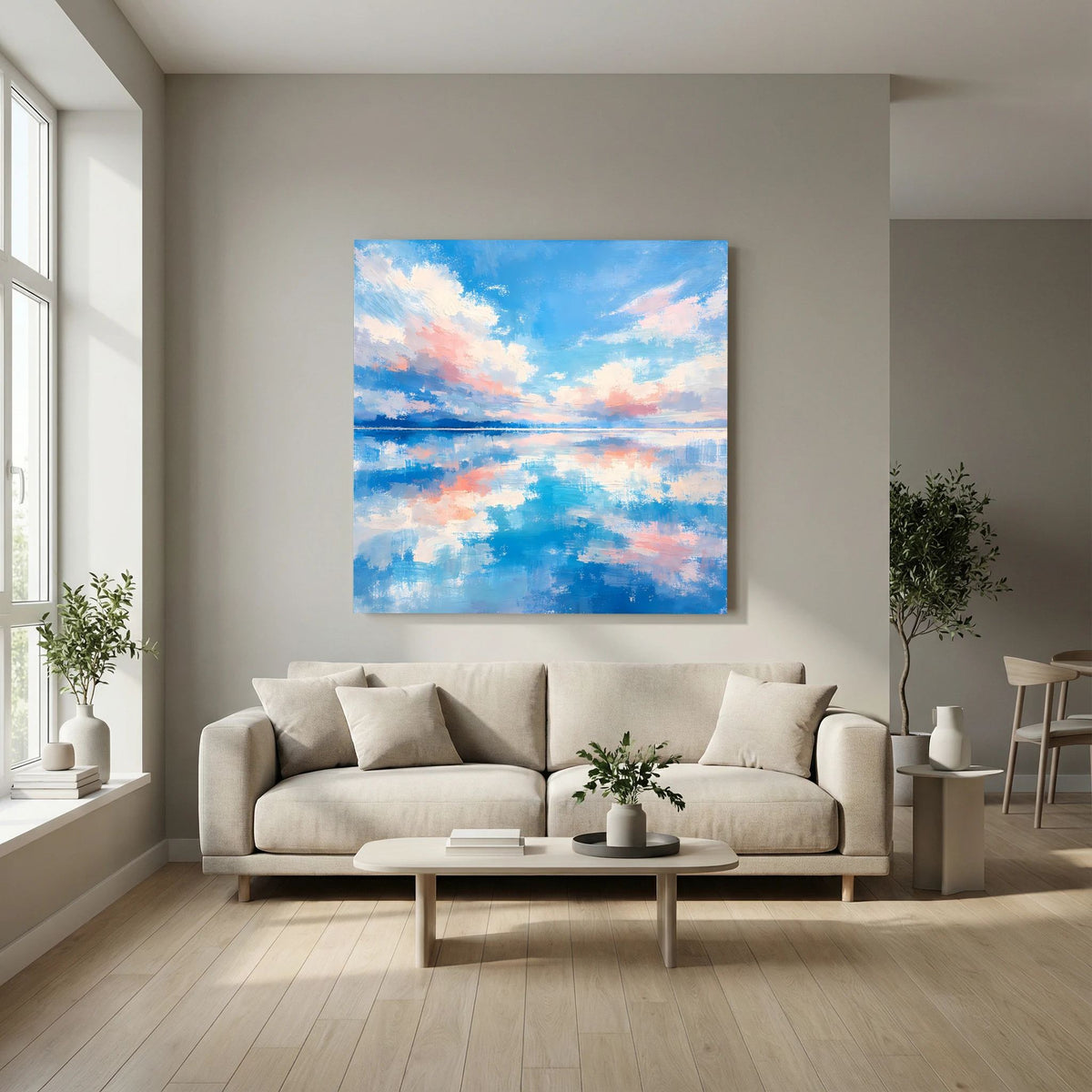 Quadratisches Wandbild auf Keilrahmen: abstrakte Küste mit Wolken und blauem Meer