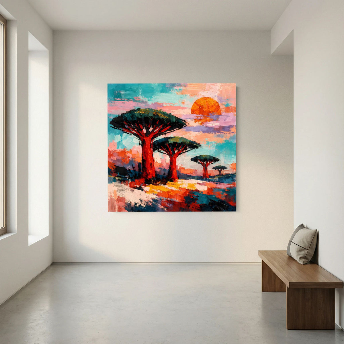 Abstraktes Leinwandbild mit drei Savannenbäumen und orangefarbener Sonne, Farbstriche