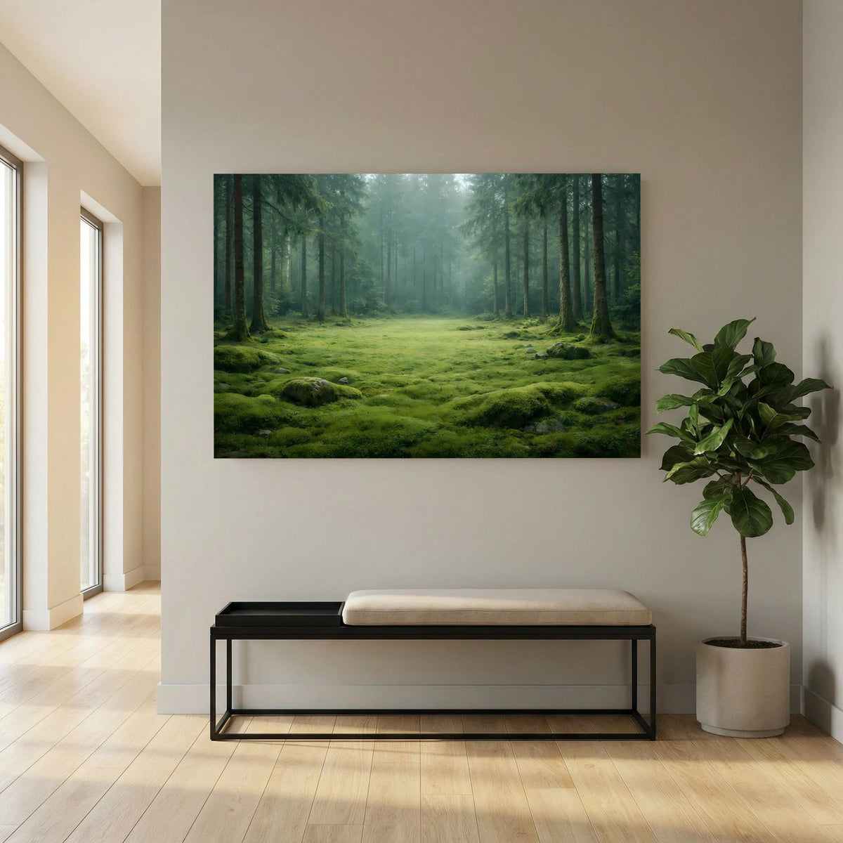 Wandbild Querformat mit Waldlichtung, Moosflächen und Nebel zwischen den Bäumen.