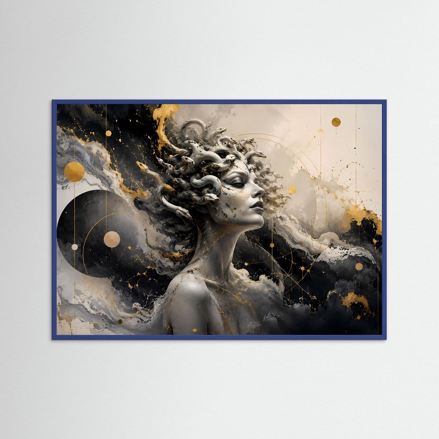 Medusa Poster Schwarz Weiß Gold | Mythologische Wandkunst | Abstrakte Gorgon Kunst | Elegantes Griechenland Portrait | Luxuriöse Leinwand