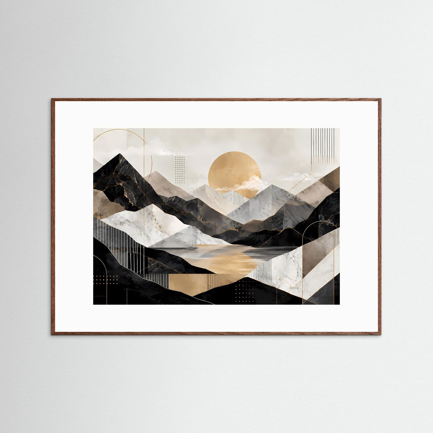 Gerahmtes Poster: abstrakte Berge, See und goldene Sonne, dunkler Holzrahmen