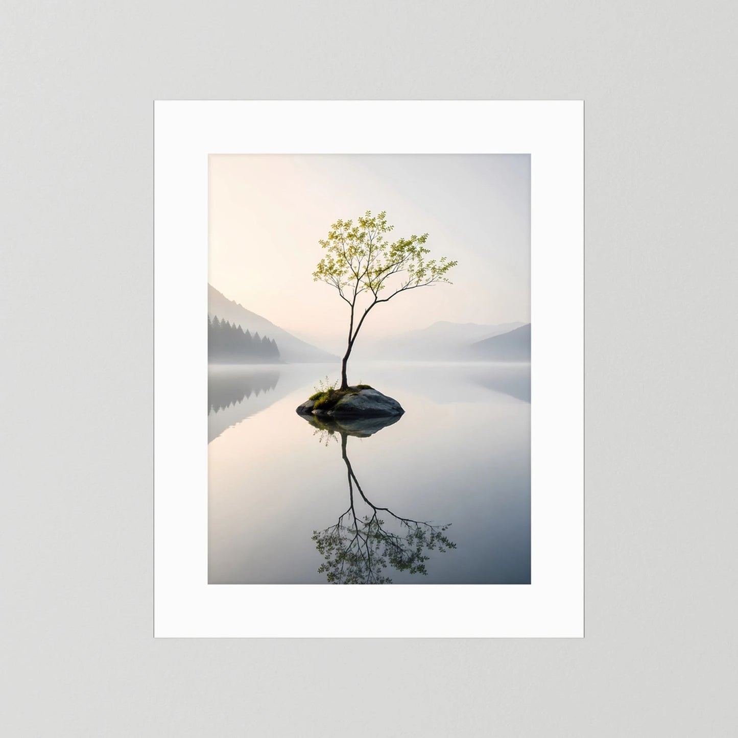 Einsamer Baum im Bergsee | Minimalistische Natur mit Spiegelung | Poster Hochformat