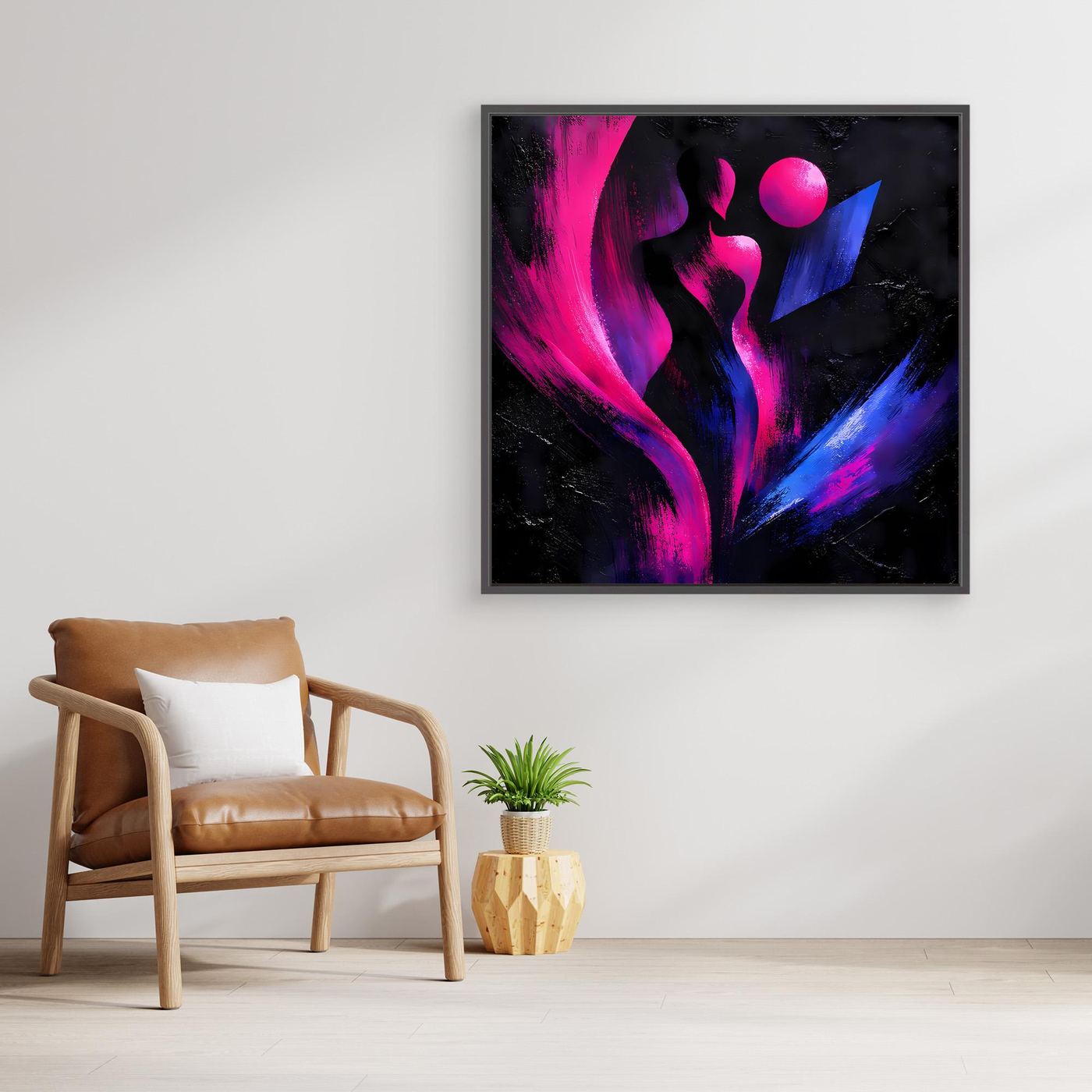 Leinwandbild mit abstrakter Silhouette in Neon Pink/Blau auf dunklem Hintergrund, schwarzer Rahmen