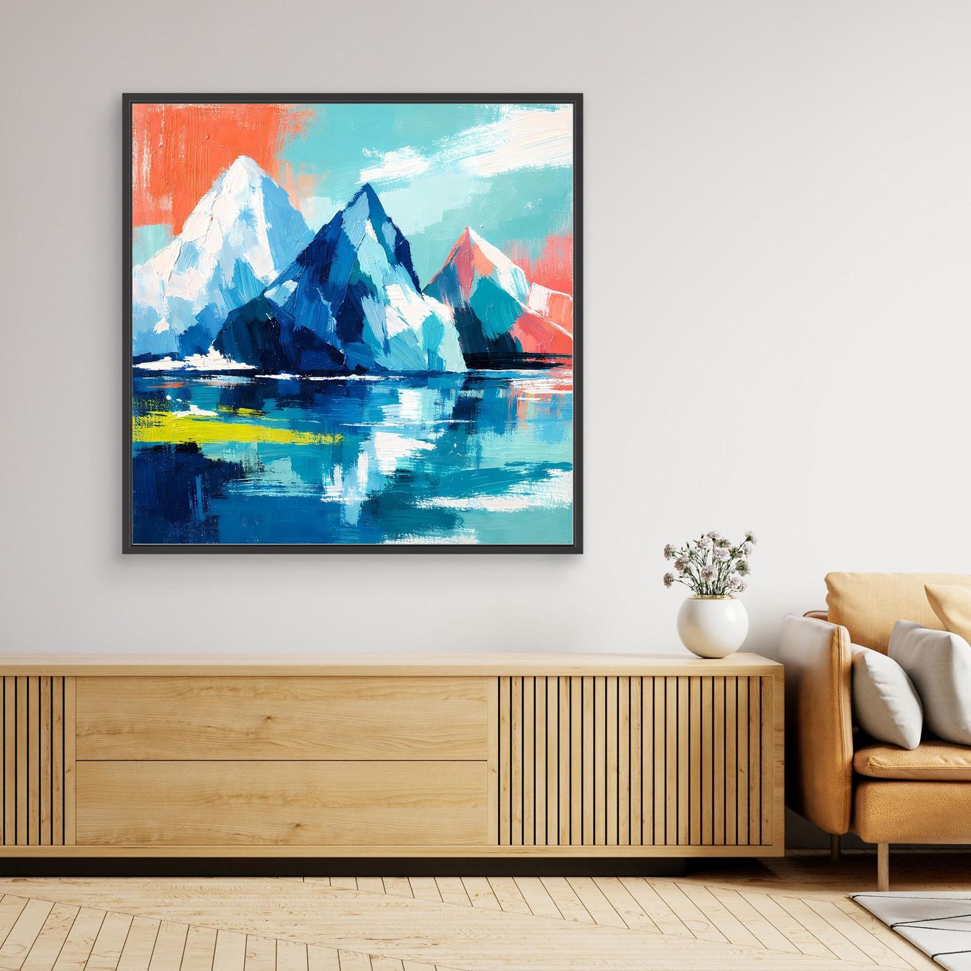 Abstract mountain and sea canvas wall art with blue peaks and water, dark frame