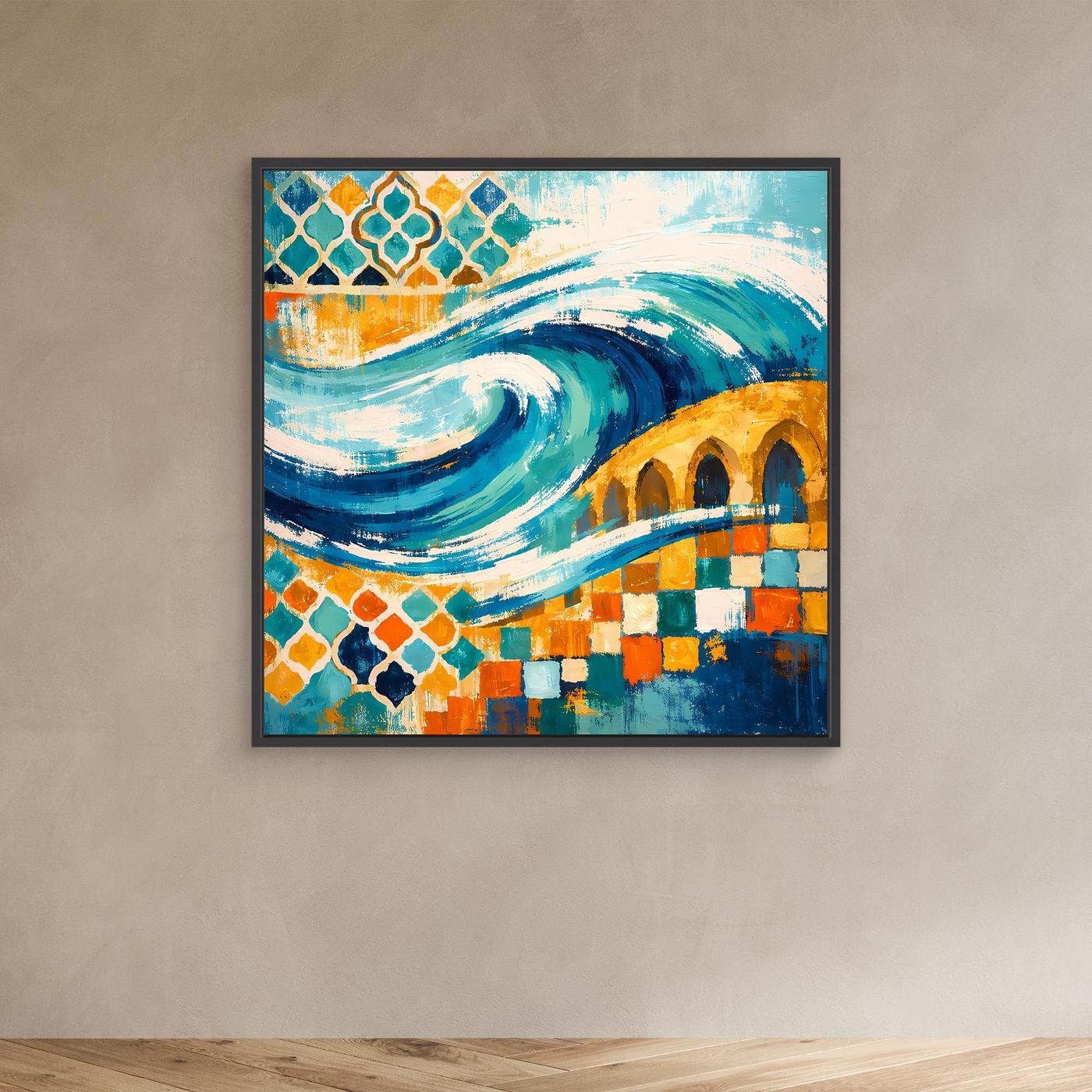 Leinwand-Wandbild mit schwarzem Rahmen, Mosaik-Ornament und türkisfarbenen Wellen