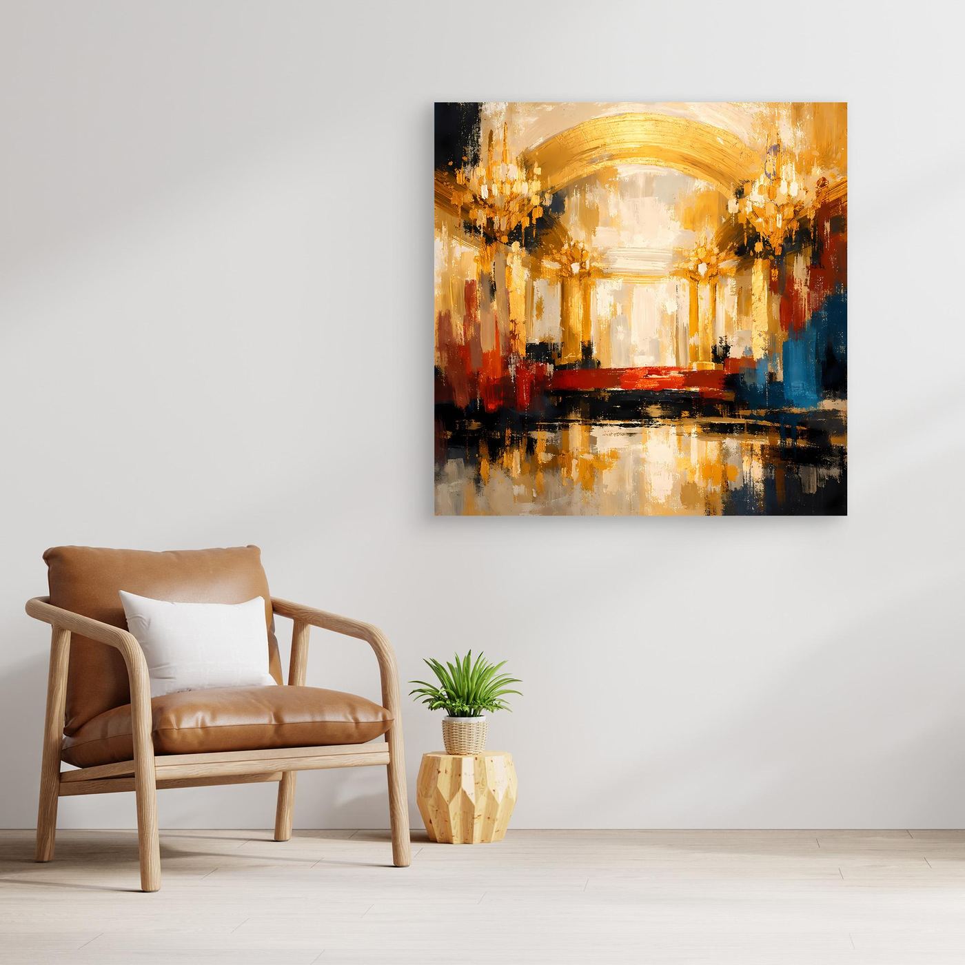 Leinwand Abstraktes Palast Saal Gemälde | Modernes Elegantes Wandbild Ballsaal Gold Rot