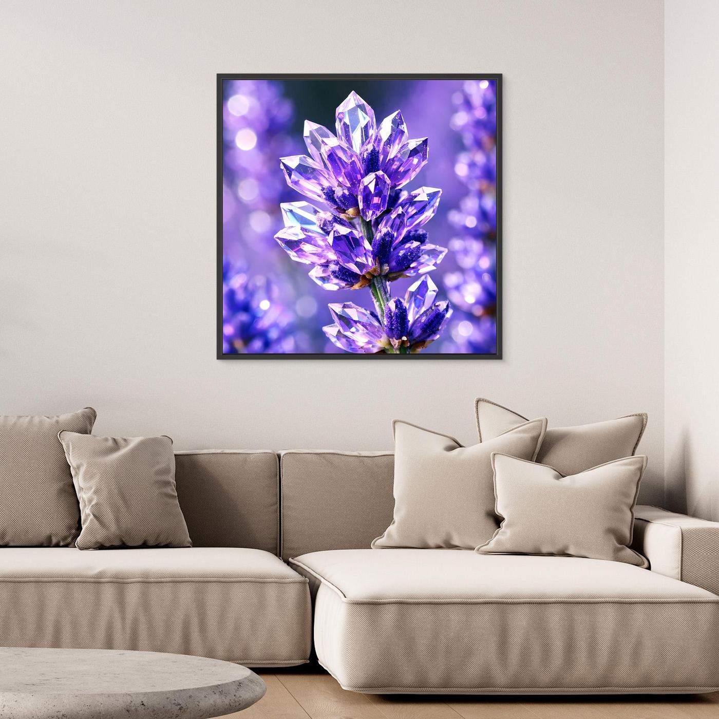 Leinwandbild mit violettem Kristallblüten-Motiv, quadratisch, ohne sichtbaren Rahmen