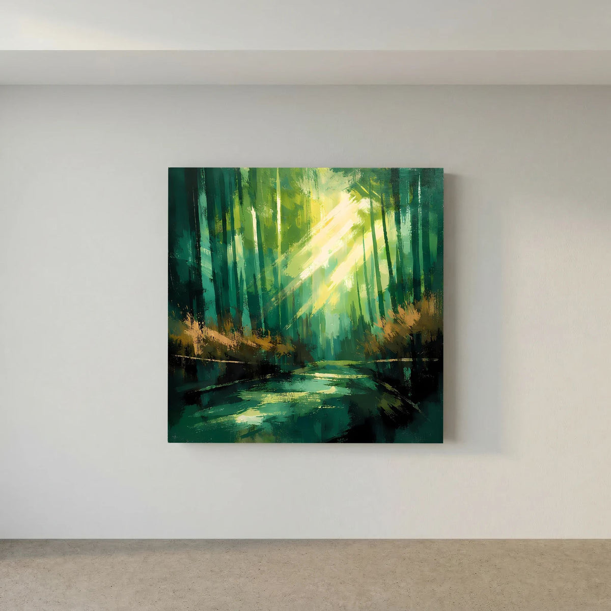 Quadratisches Leinwand-Wandbild mit grünen Baumstämmen und Lichtschein über Wasser