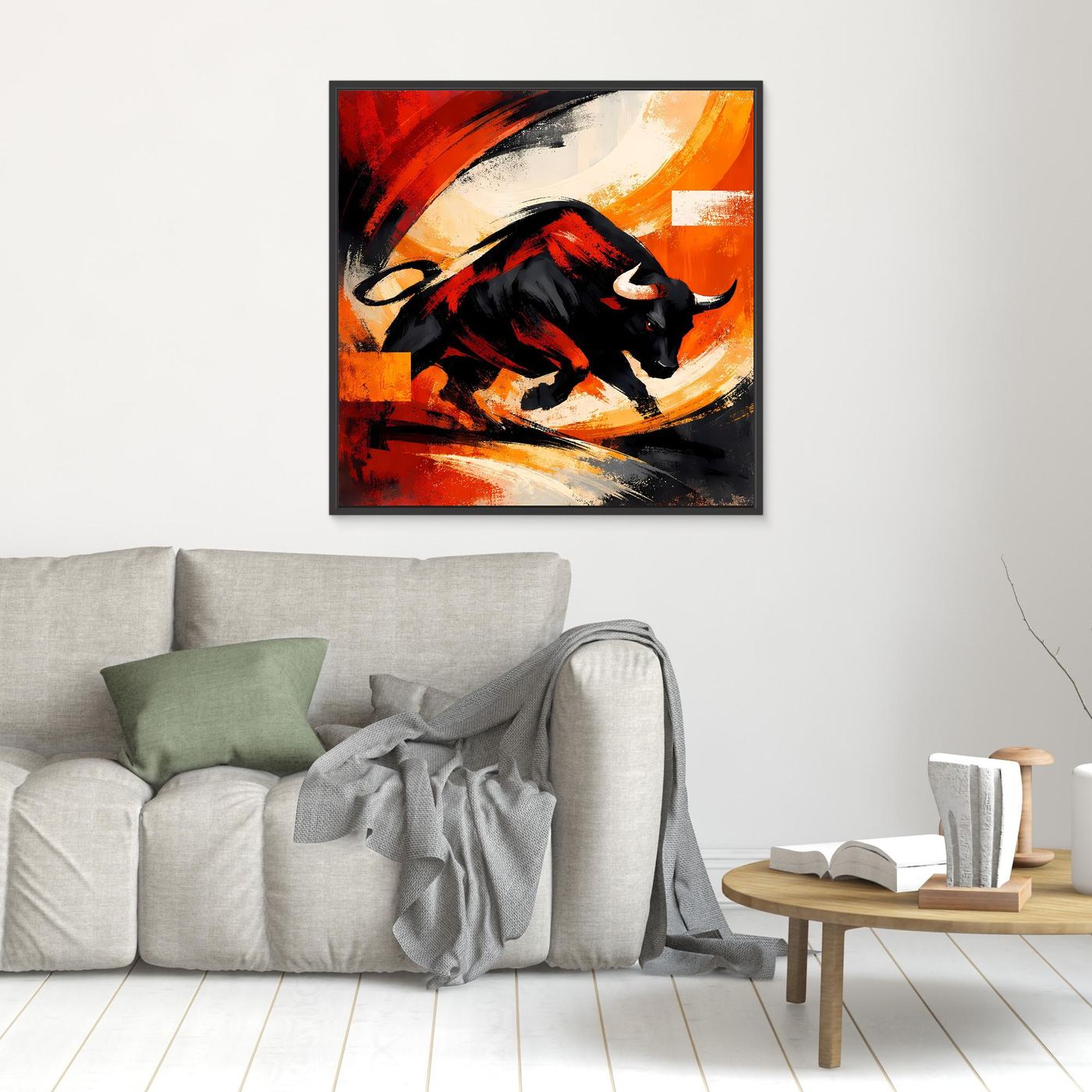 Wandbild mit schwarzem Stier in Rot-Orange-Abstrakt, mit dunklem Rahmen
