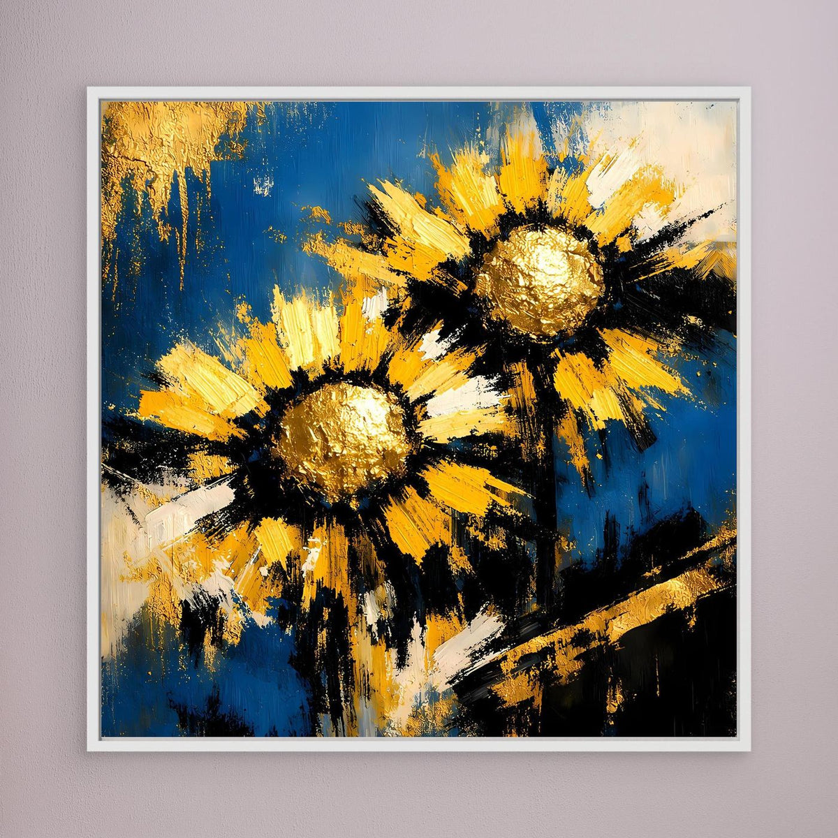 Gerahmtes Wandbild: abstrakte Sonnenblumen in Blau, Gelb und Gold, weißer Rahmen