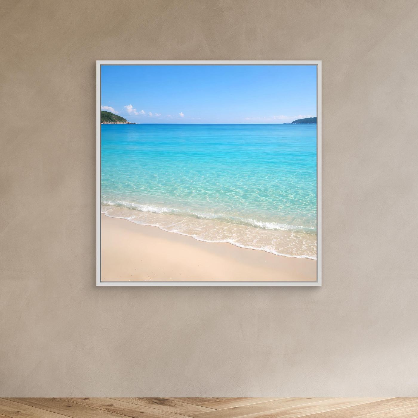 Leinwandbild Strandlandschaft mit türkisfarbenem Wasser im weißen Rahmen