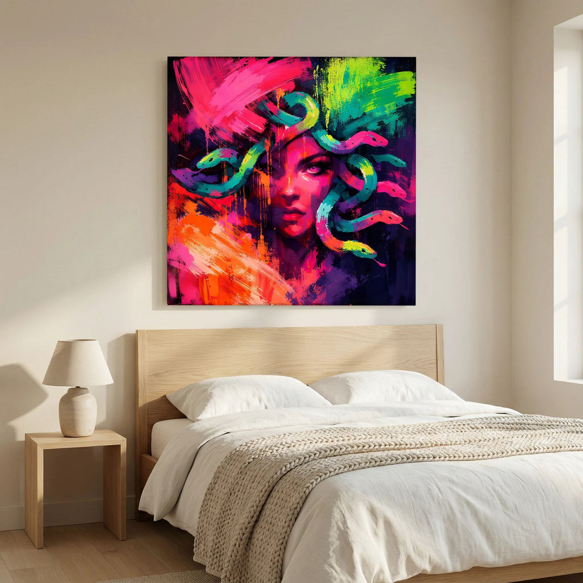 Medusa-Leinwandbild im Neon-Look mit ruhigem Frauengesicht und farbigen Schlangen