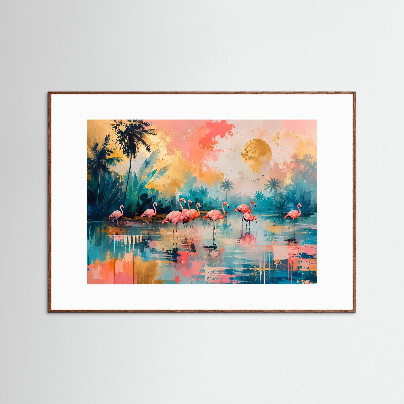 Flamingo Poster Modern | Tropisches Wandbild in Pastell | Abstrakte Flamingo Kunst | Exotische Lagoon Deko | Leinwand Wohnzimmer