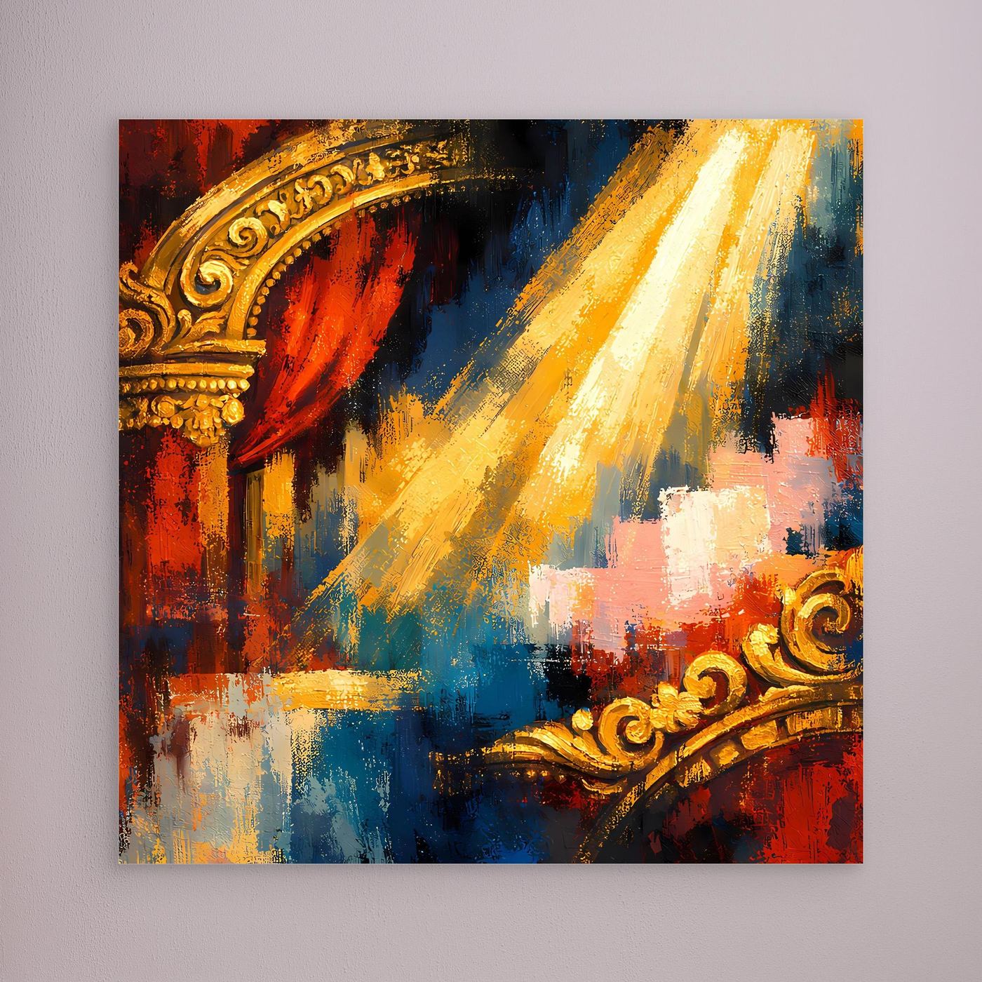 Leinwandbild mit abstraktem Theatermotiv: roter Vorhang, goldene Verzierungen und leuchtende Farbflächen
