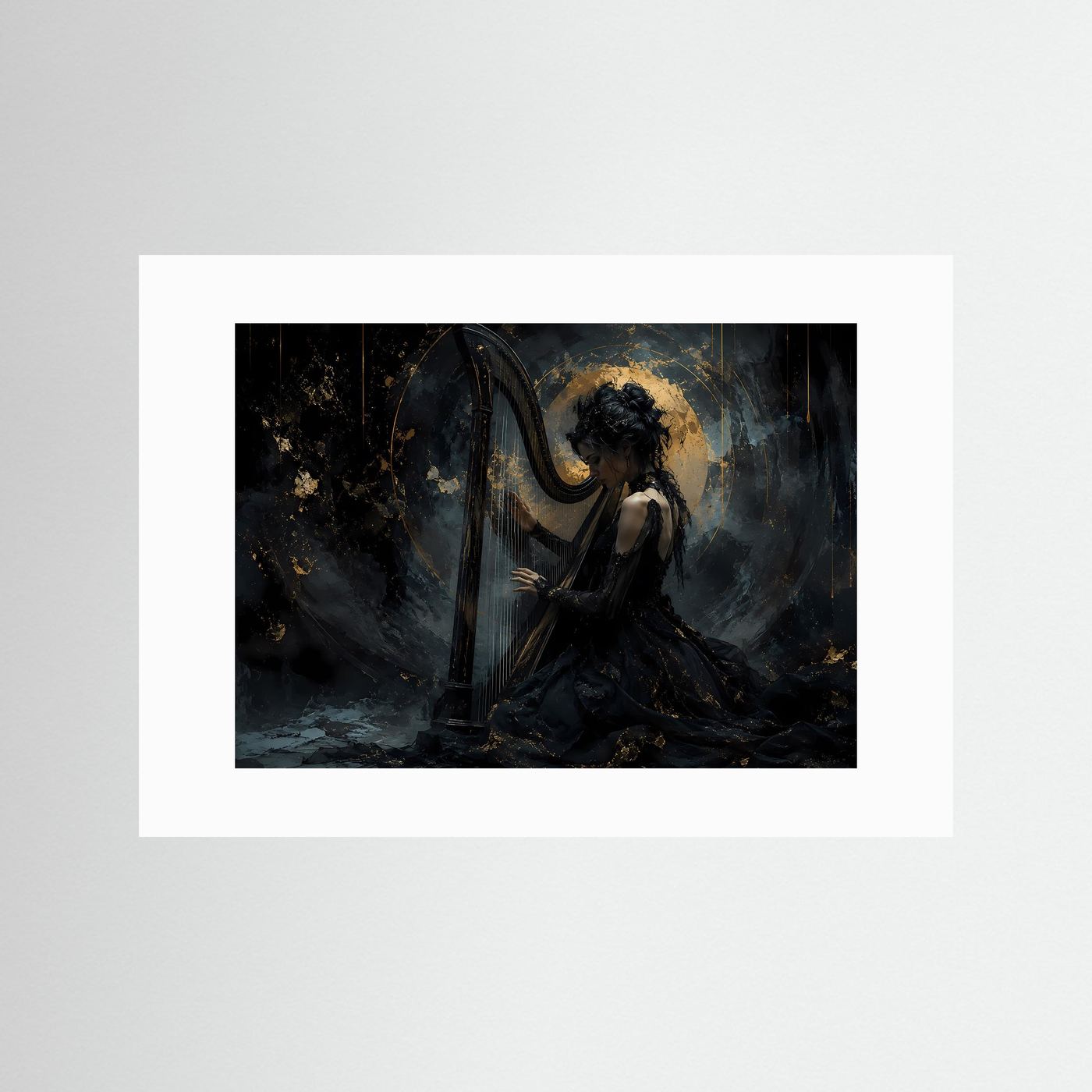 Elegante Harfenistin in Schwarz & Gold | Musik & Fantasy-Wandbild