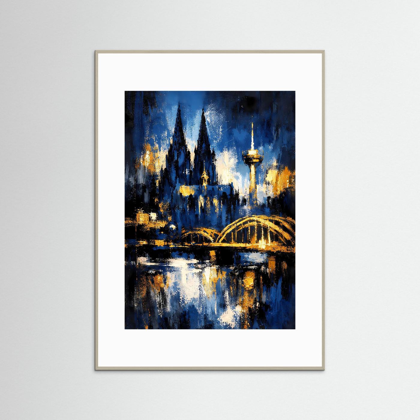 Gerahmtes Skyline-Poster mit blau-gelber Abstraktmalerei, Domspitzen und Brücke