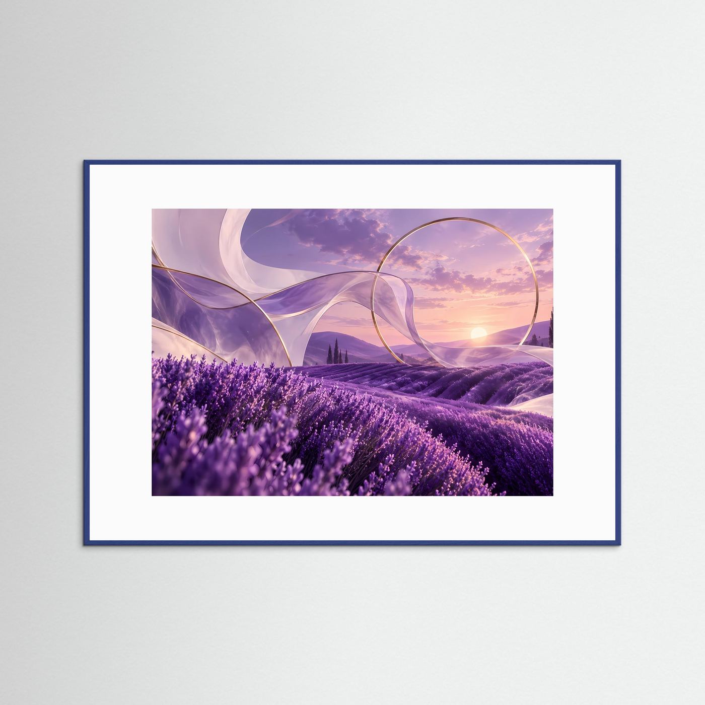 Lavendelfeld im Sonnenuntergang | Abstrakte Provence Wandkunst | Elegantes Landschaftsbild in Violett & Gold | Modernes Premium Poster | Leinwand
